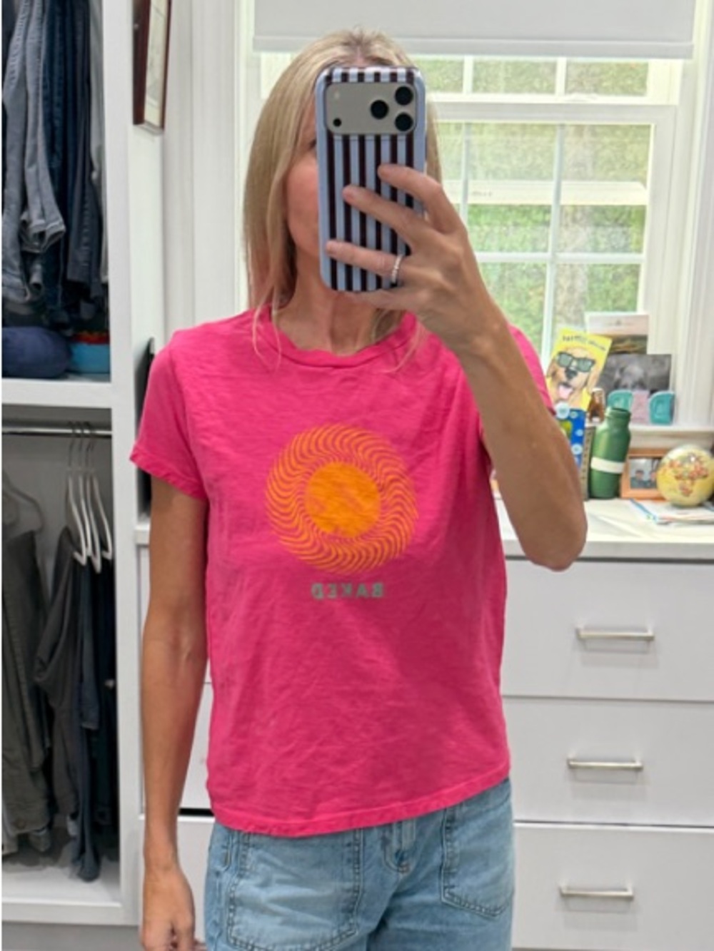 MOTHER Hot Pink Tee with Orange Sun Graphic XS